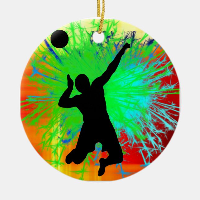 Volley Ball Service Fireworks Ceramic Tree Decoration (Front)