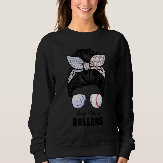 Volleyball And Baseball Mom For Women Messy Bun Ba Sweatshirt (Front)