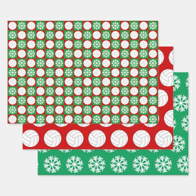 Volleyball and Snowflake Red and Green Christmas Wrapping Paper Sheet (Set)