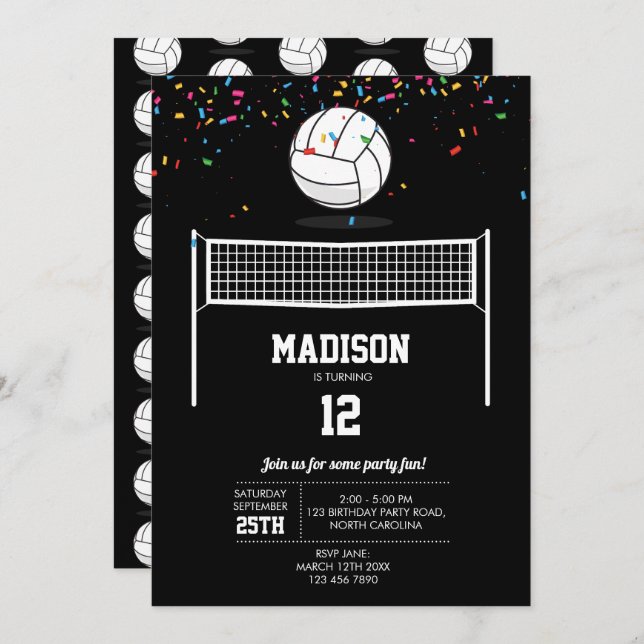 Volleyball Ball & Net Black Birthday Party  Invitation (Front/Back)