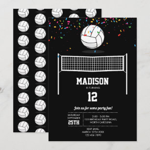 Volleyball Ball & Net Black Birthday Party  Invitation