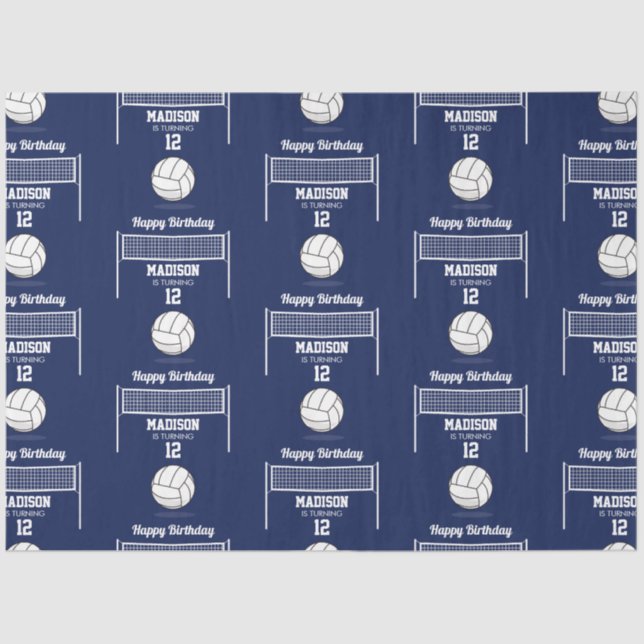 Volleyball Ball & Net Navy Blue Birthday Name Age Tissue Paper (Front)