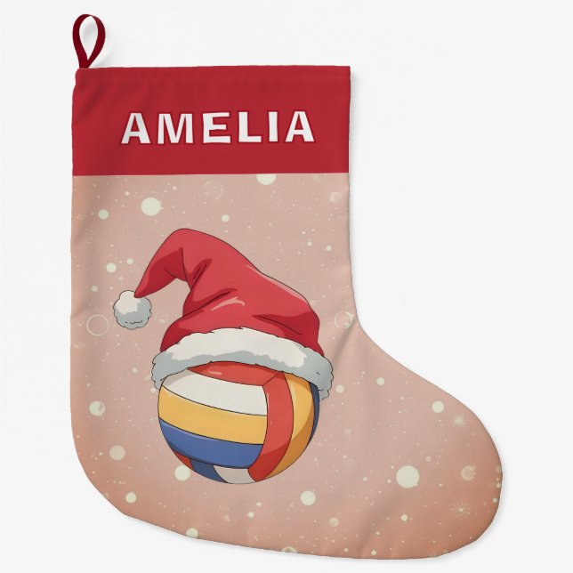 Volleyball Ball Red Santa Hat Name Large Christmas Stocking (Front)