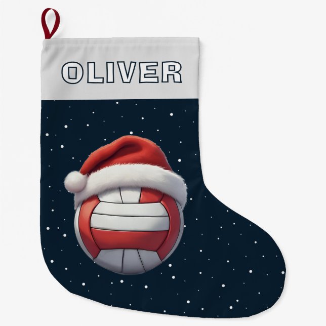 Volleyball Ball Red Santa Hat Name Large Christmas Stocking (Front)