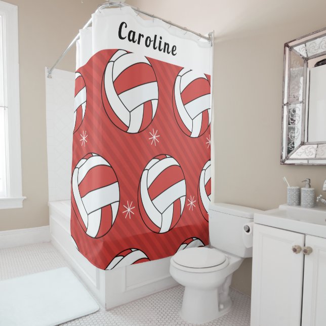 Volleyball Ball & Snowflake Festive Red Girls Name Shower Curtain (In Situ)