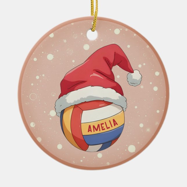 Volleyball Ball with Red Santa Hat Name Christmas Ceramic Ornament (Front)
