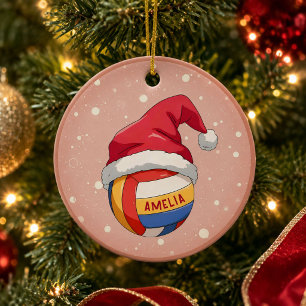 Volleyball Ball with Red Santa Hat Name Christmas Ceramic Ornament