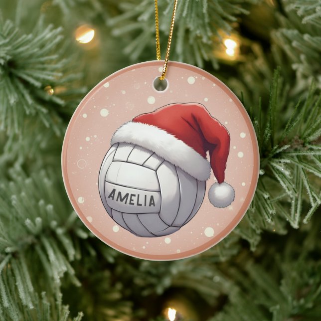 Volleyball Ball with Red Santa Hat Name Christmas Ceramic Ornament (Tree)