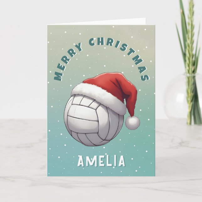 Volleyball Ball with Red Santa Hat Name Christmas Holiday Card (Front)