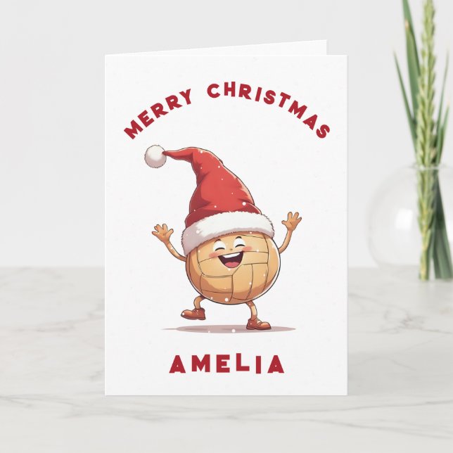 Volleyball Ball with Red Santa Hat Name Christmas Holiday Card (Front)