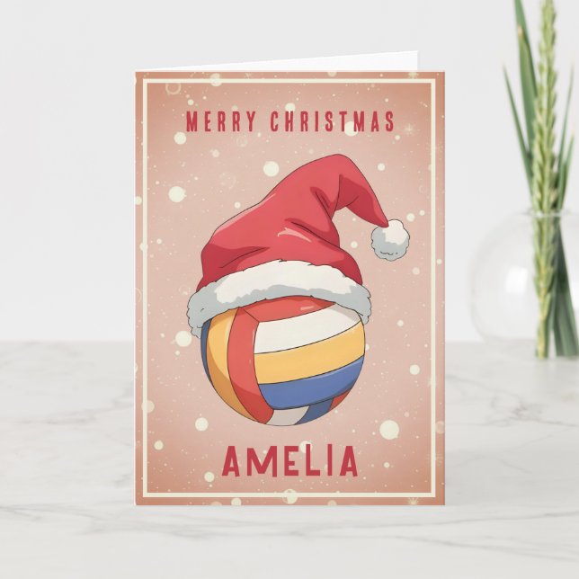 Volleyball Ball with Red Santa Hat Name Christmas Holiday Card (Front)