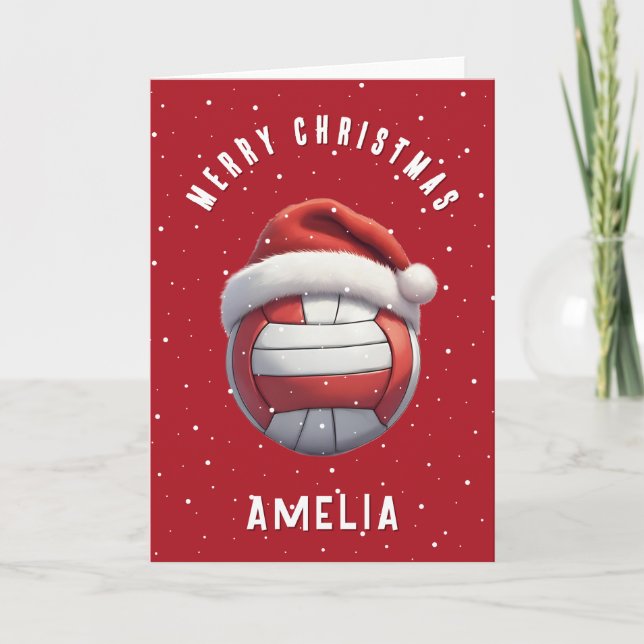 Volleyball Ball with Red Santa Hat Name Christmas Holiday Card (Front)