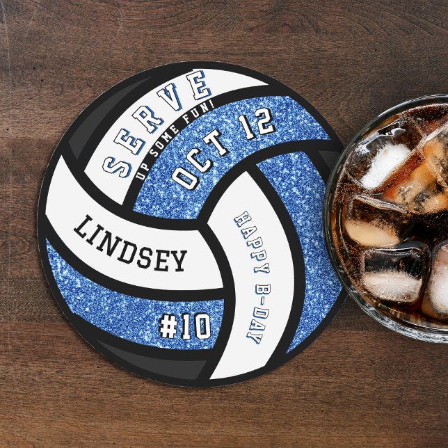 Volleyball Birthday Party Blue Glitter Round Paper Coaster (Volleyball Birthday Party Blue Glitter Round Paper Coaster
)