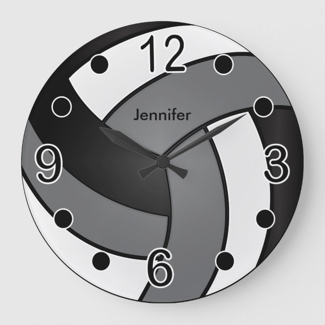 Volleyball | Black, White and Gray Large Clock (Front)