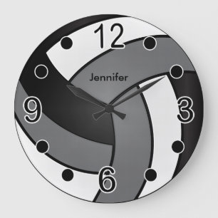 Volleyball Black, White and Grey Large Clock