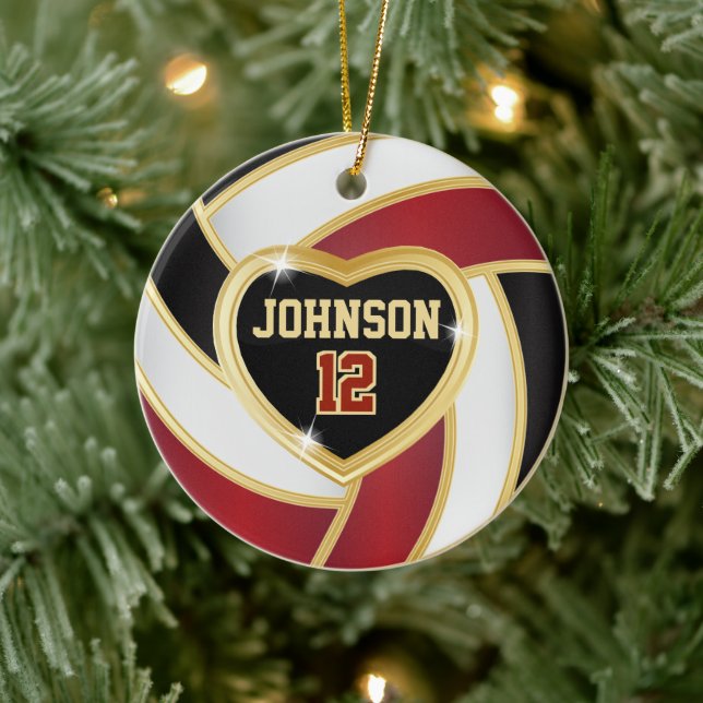 Volleyball 🏐❤ Black, White and Maroon Red Ceramic Ornament (Tree)