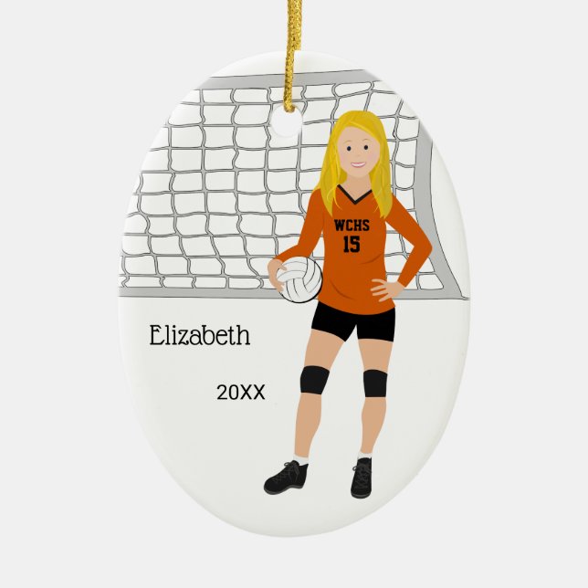 Volleyball Blonde Female Orange & Black Ceramic Ornament (Front)