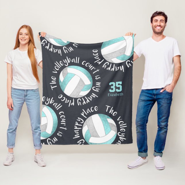 volleyball court happy place aqua grey on charcoal fleece blanket (In Situ)