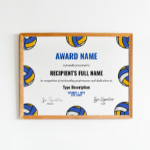Volleyball Excellence Award Certificate