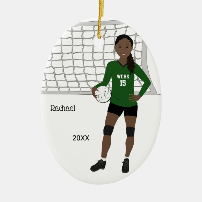 Volleyball Female Black Hair Green & Black Ceramic Ornament (Front)