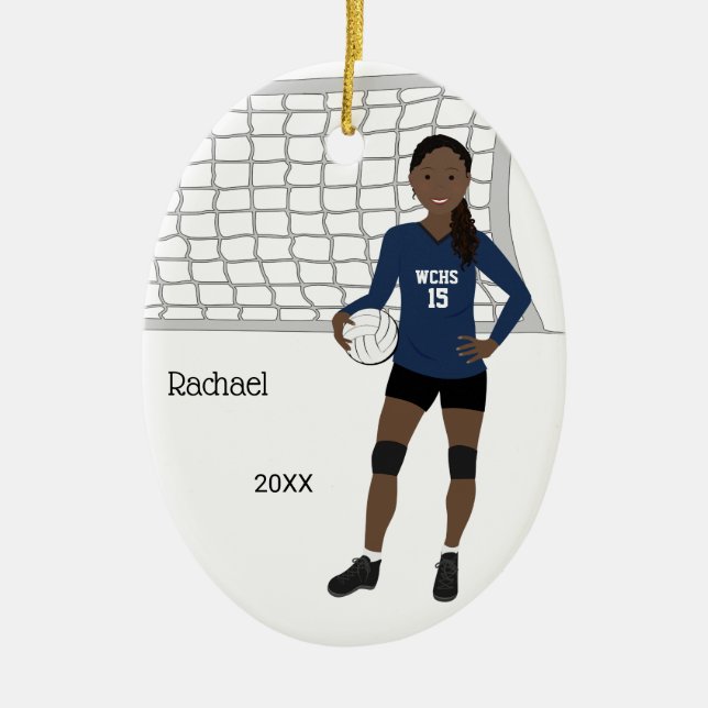 Volleyball Female Black Hair In Dark Blue & Black Ceramic Ornament (Front)