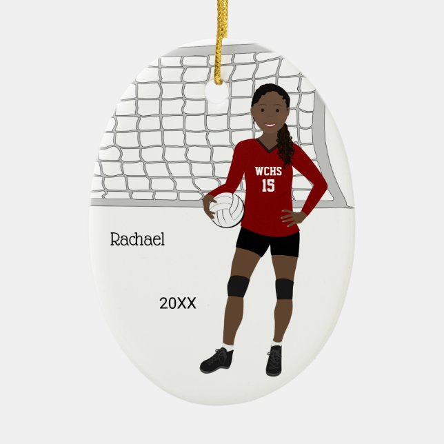 Volleyball Female Black Hair Red & Black Ceramic Ornament (Front)
