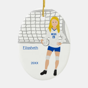 Volleyball Female Blonde Blue & White Ceramic Ornament
