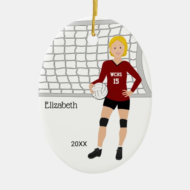 Volleyball Female Blonde Hair Red & Black  Ceramic Ornament (Front)