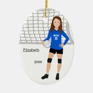 Volleyball Female Brunette Blue & Black Ceramic Ornament