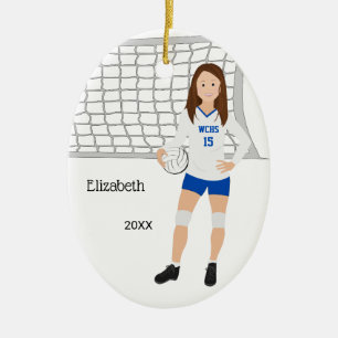 Volleyball Female Brunette Blue & White Ceramic Ornament