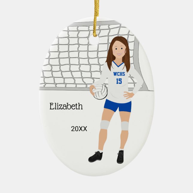 Volleyball Female Brunette Blue & White Ceramic Ornament (Front)