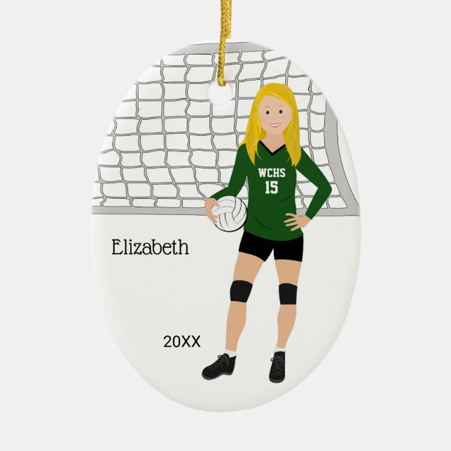 Volleyball Female Brunette Green & Black Ceramic Ornament (Front)