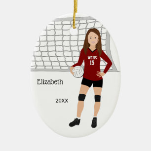 Volleyball Female Brunette Red & Black Ceramic Ornament
