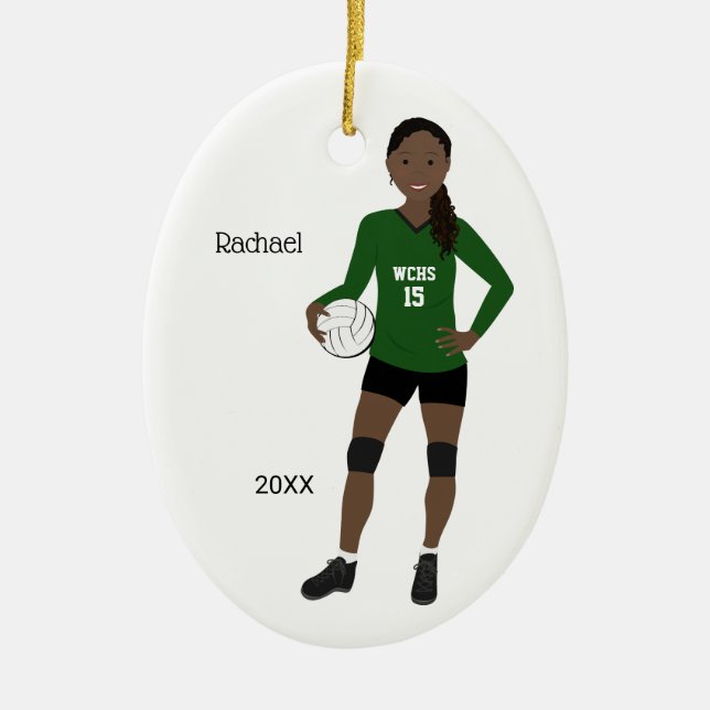 Volleyball Girl Black Hair Green & Black Ceramic O Ceramic Ornament (Front)