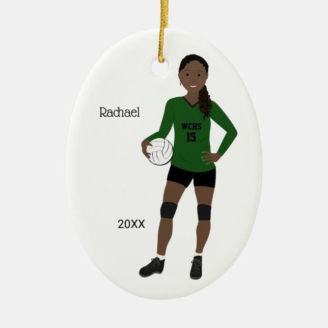 Volleyball Girl Black Hair Green & Black Ceramic Ornament (Front)