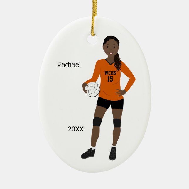 Volleyball Girl Black Hair Orange & Black Ceramic Ornament (Front)