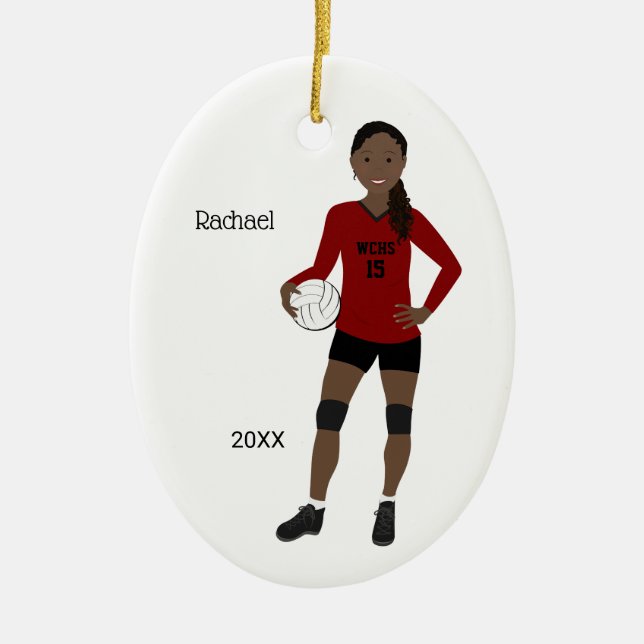 Volleyball Girl Black Hair Red & Black Ceramic Ornament (Front)