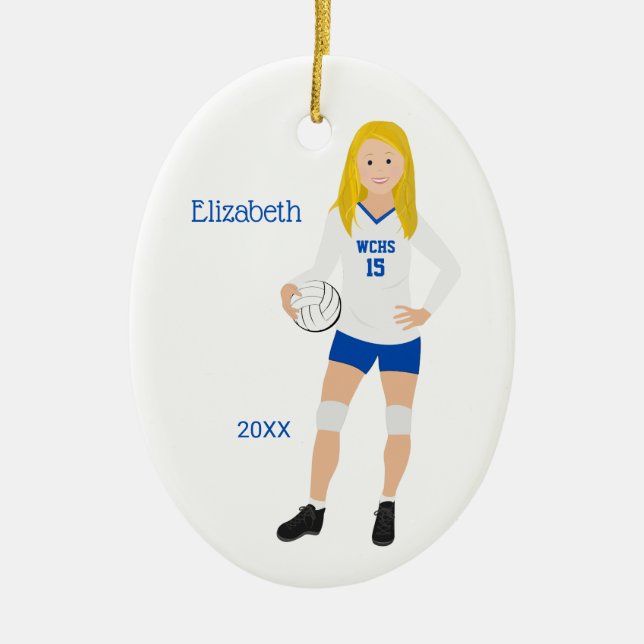 Volleyball Girl Blonde Blue & White Ceramic Ornament (Front)