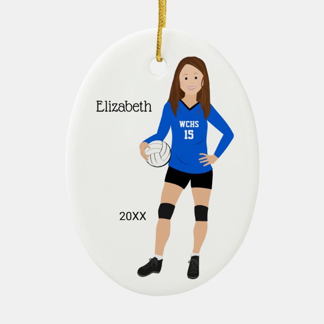 Volleyball Girl Brunette Blue & Black Ceramic Orna Ceramic Ornament (Front)