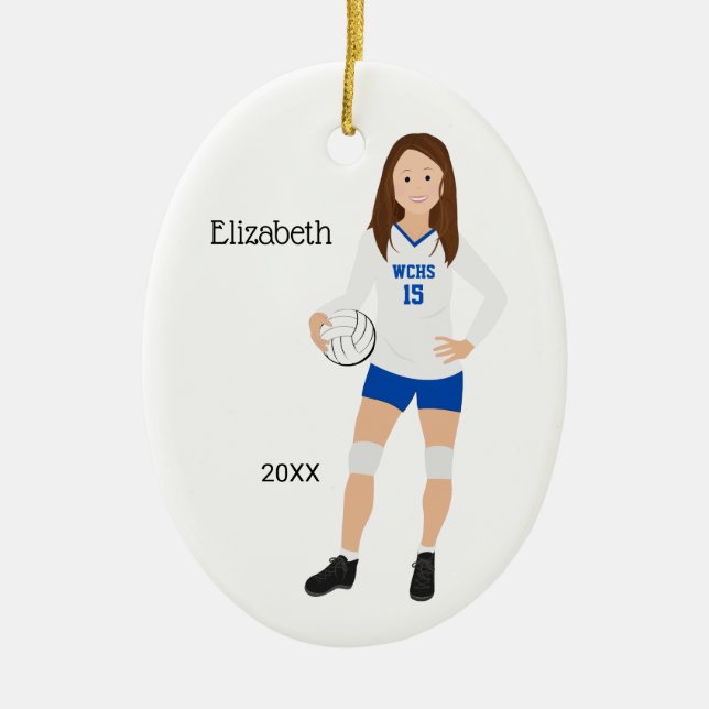 Volleyball Girl Brunette Blue & White Ceramic Ornament (Front)