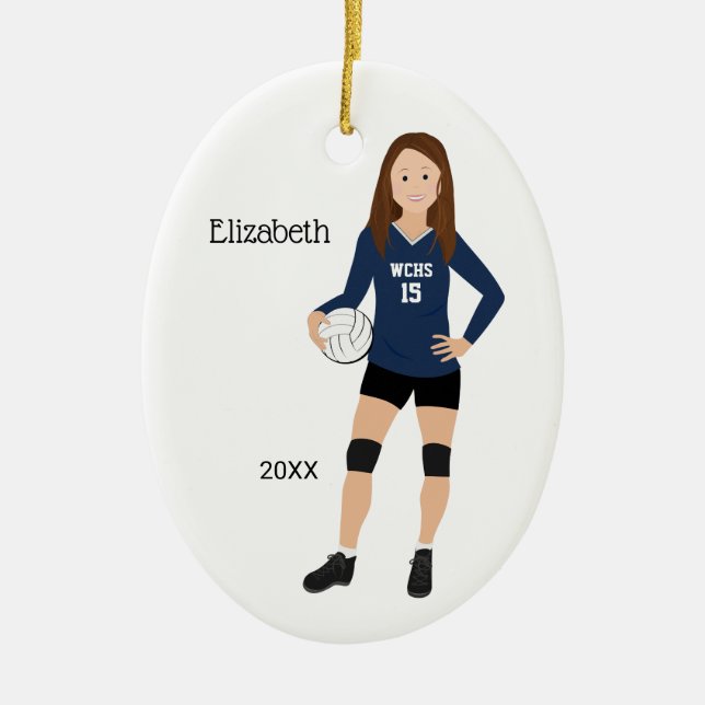 Volleyball Girl Brunette Dark Blue & Black Ceramic Ornament (Front)