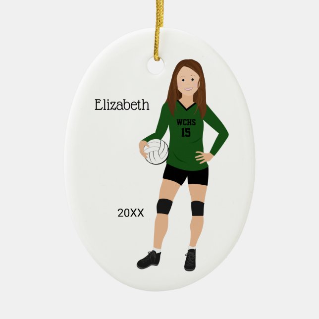 Volleyball Girl Brunette Green & Black Ceramic Ornament (Front)