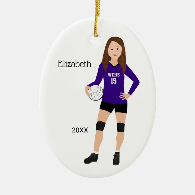 Volleyball Girl Brunette Purple & Black Ceramic Ornament (Front)