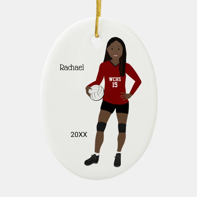 Volleyball Girl Long Black Hair Red & Black Ceramic Ornament (Front)