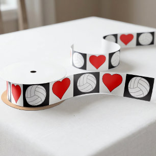 Volleyball Heart Black White Red Chequered Pattern Satin Ribbon