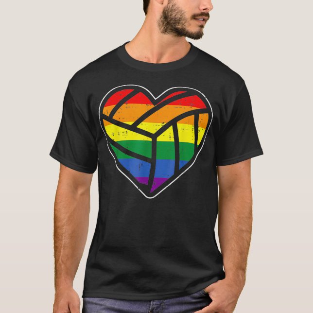 Volleyball Heart Sport LGBTQ Rainbow Flag Gay Prid T-Shirt (Front)