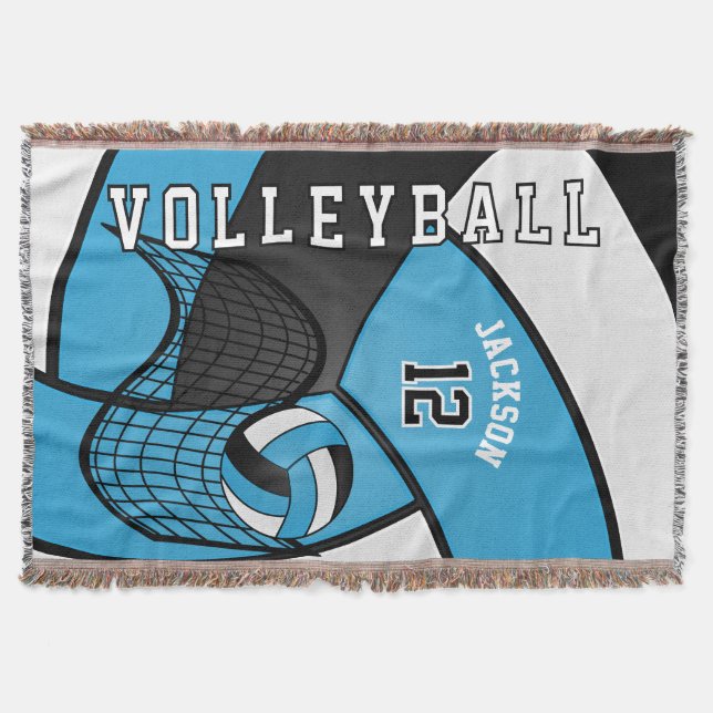 Volleyball 🏐 in a Baby Blue, White and Black Throw Blanket (Front)