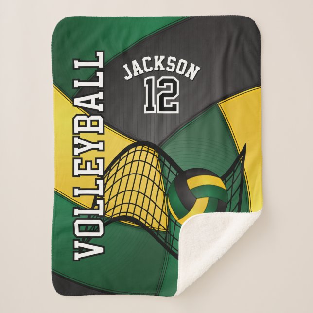 Volleyball in Dark Green, Black and Gold Sherpa Blanket (Front)