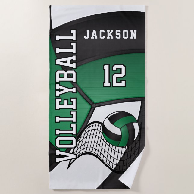 Volleyball in Dark Green, Black and White  Beach Towel (Front)