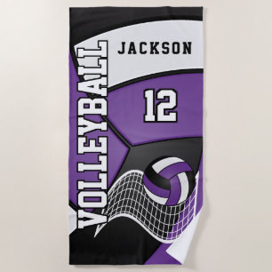 Volleyball in Purple, Black and White Beach Towel